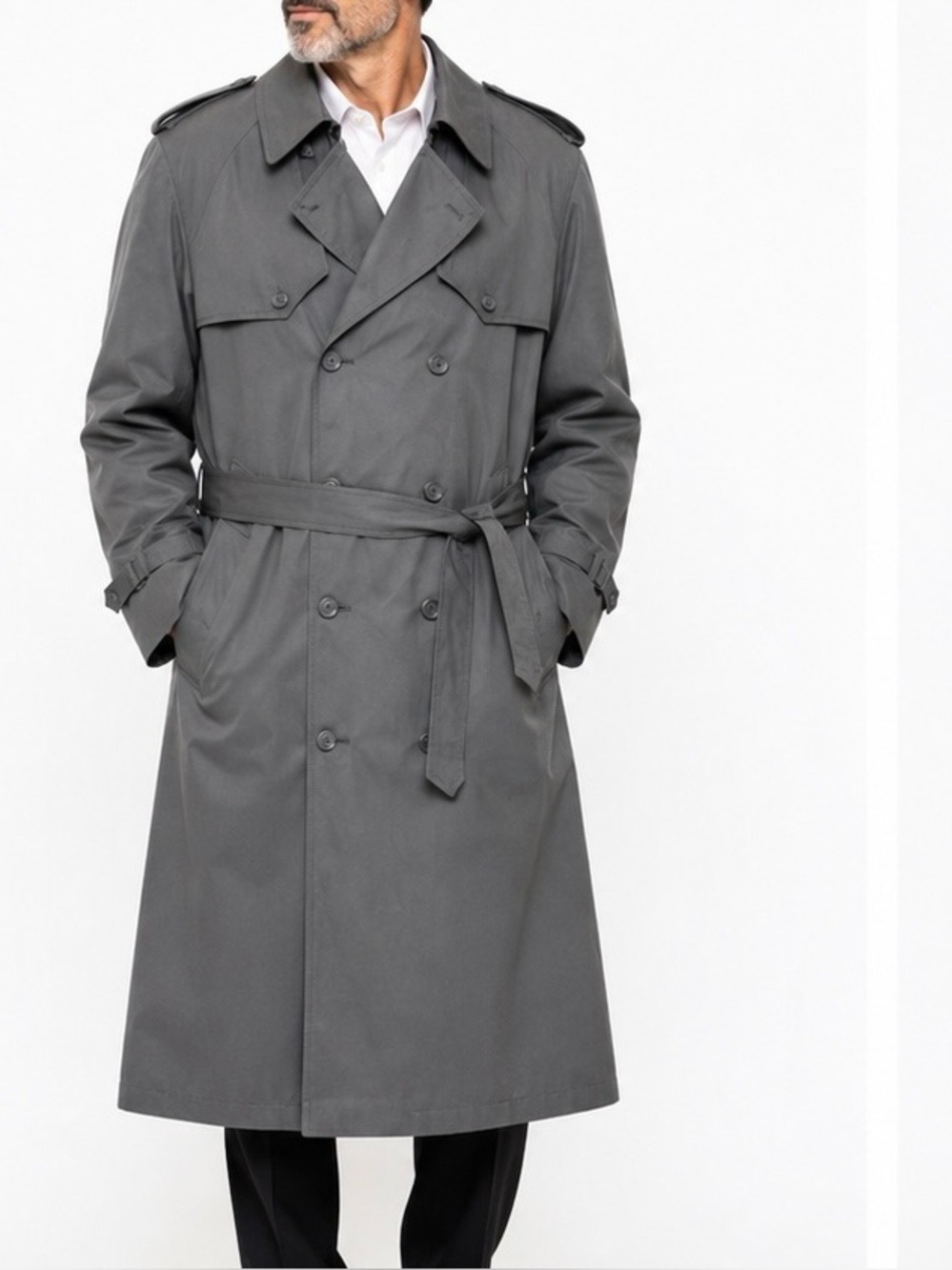 London Towne Trench Coat Men’s 46L Gray Belted Double Breasted Long Jacket 1980s